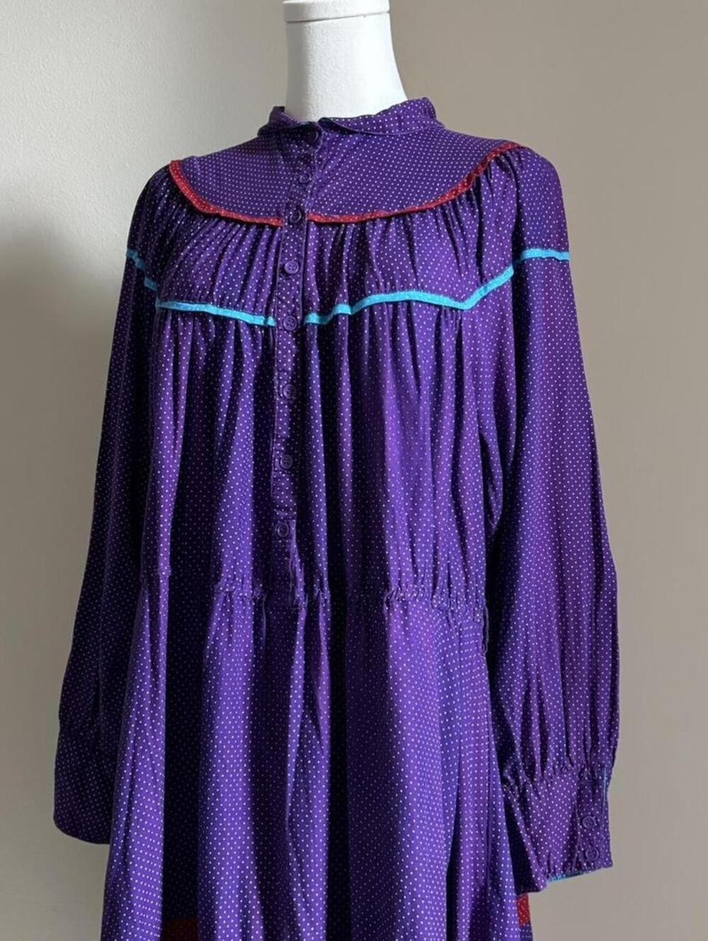 Vintage Cotton Prairie Dress Purple Polka Dot Midi Maxi M - Picture 6 of 8